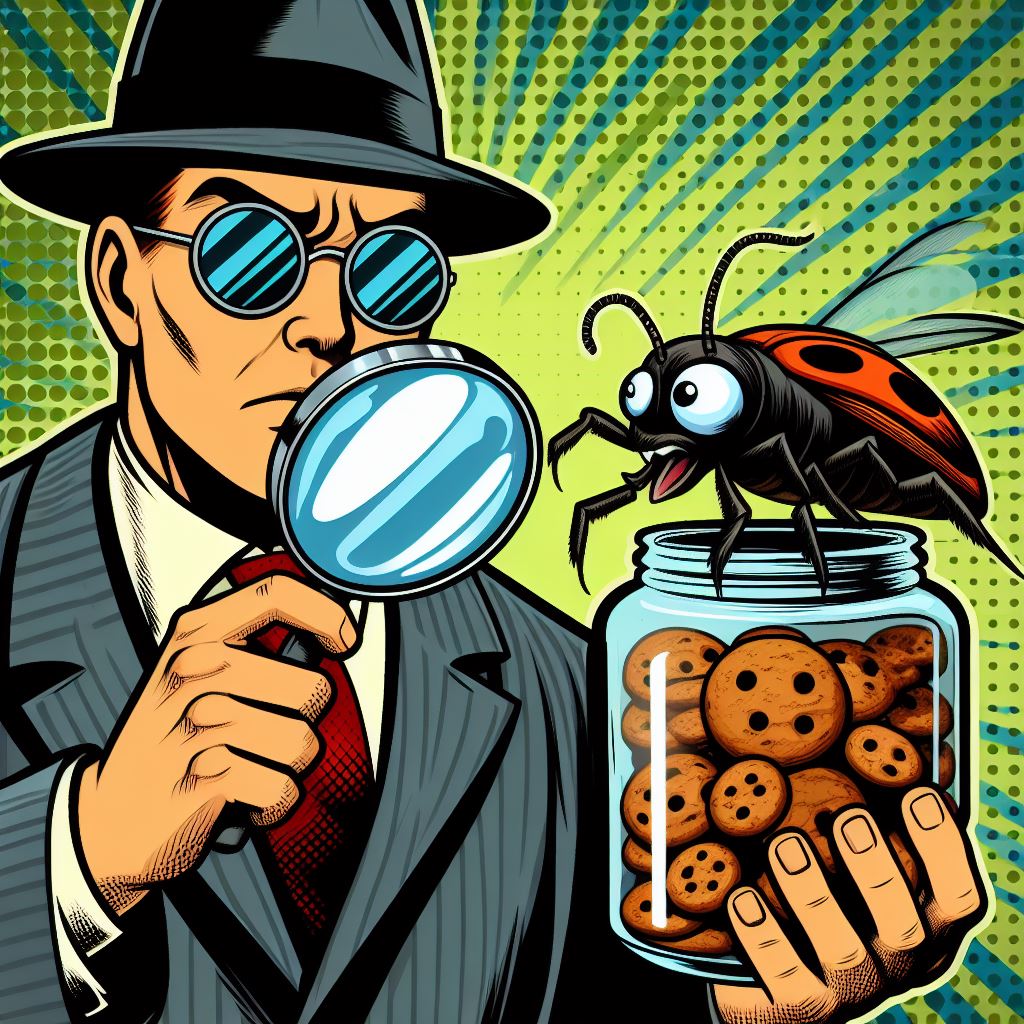 detective inspects bug crawling into cookie jar