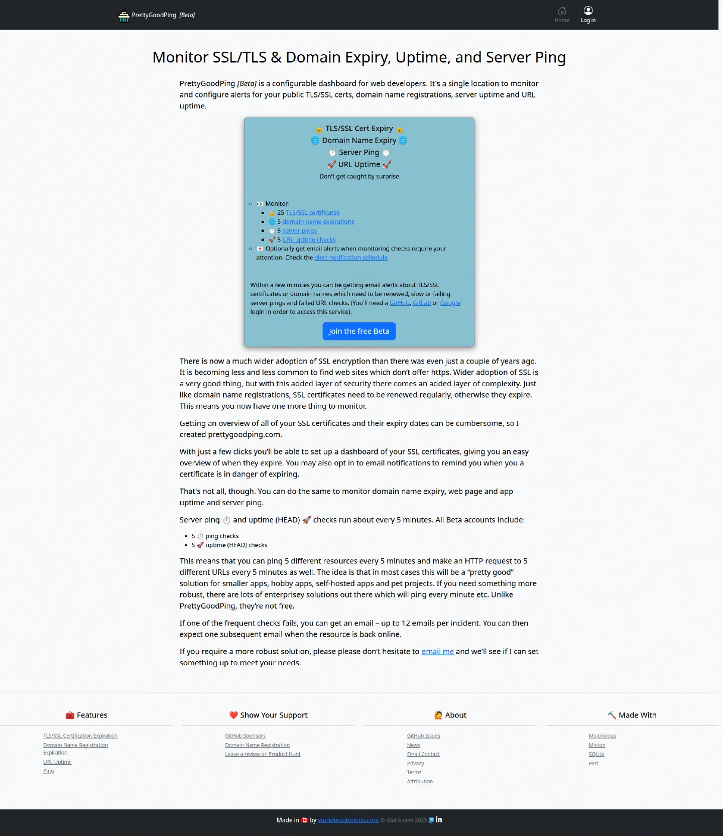 PrettyGoodPing homepage before audit