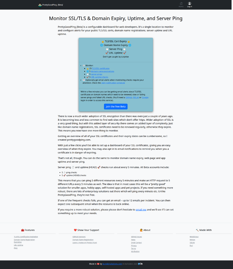 PrettyGoodPing homepage before audit