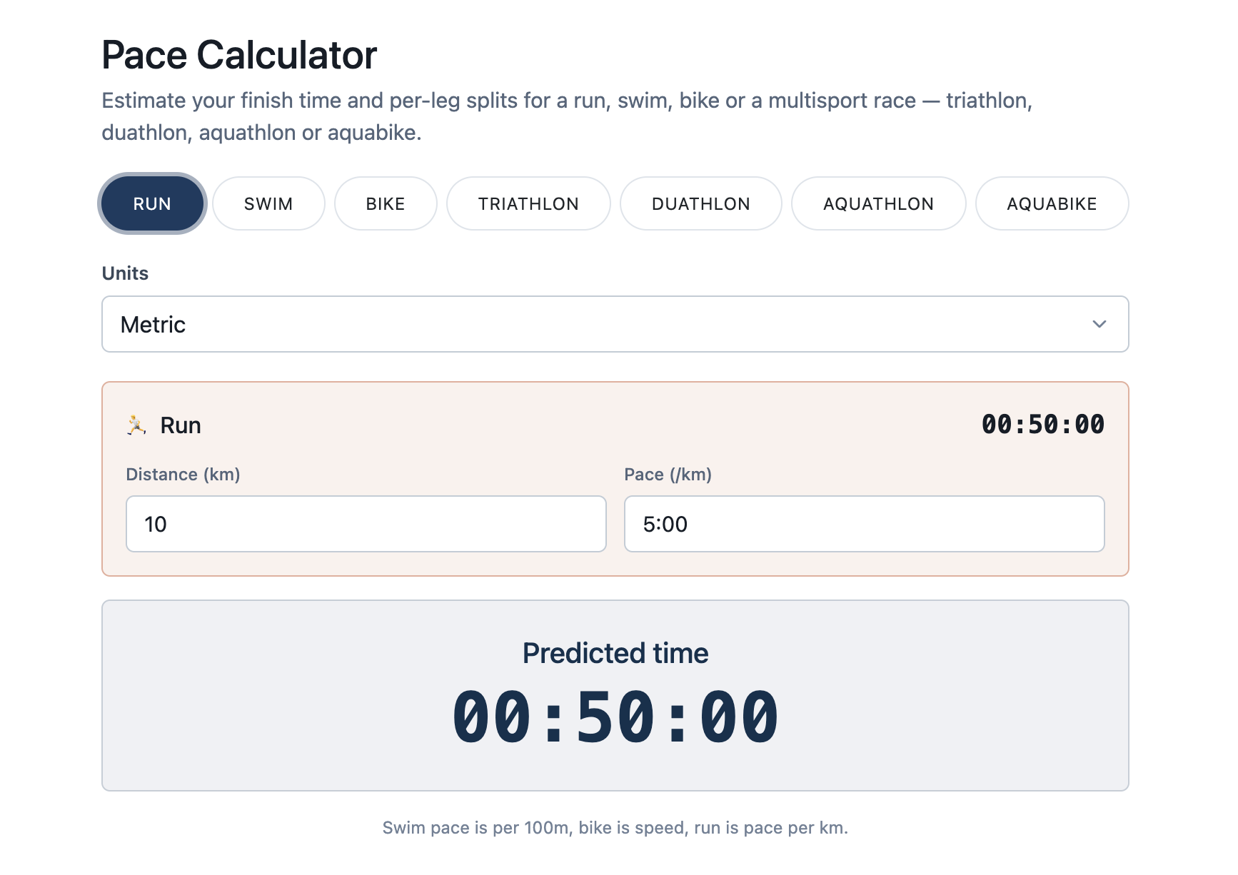 Pace Calculator in single-sport mode