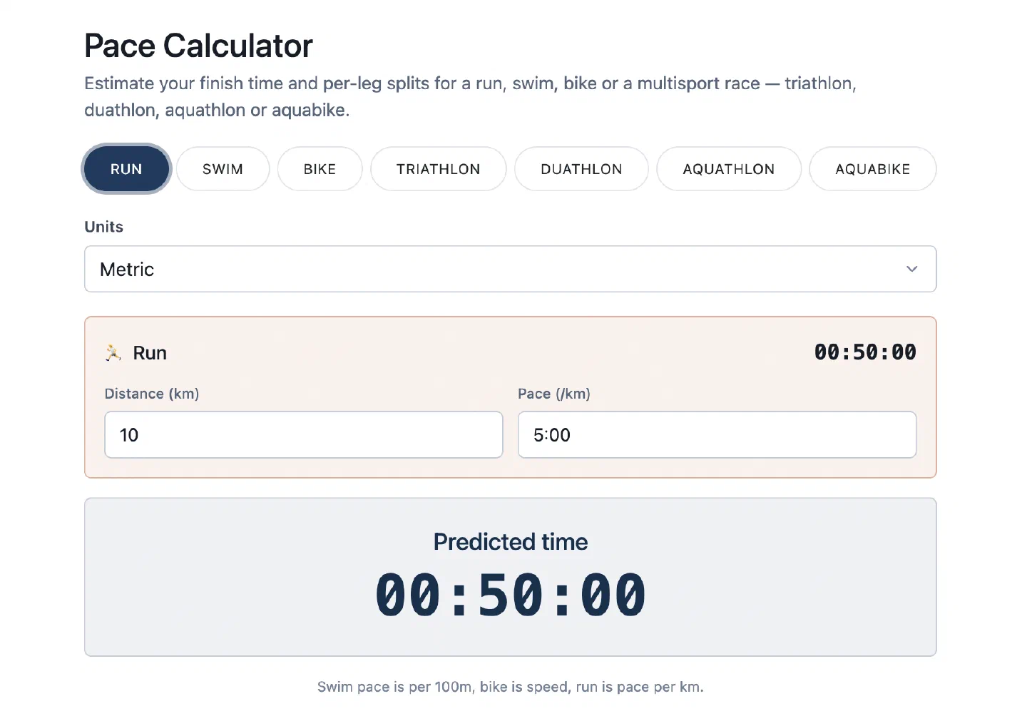 Pace Calculator in single-sport mode