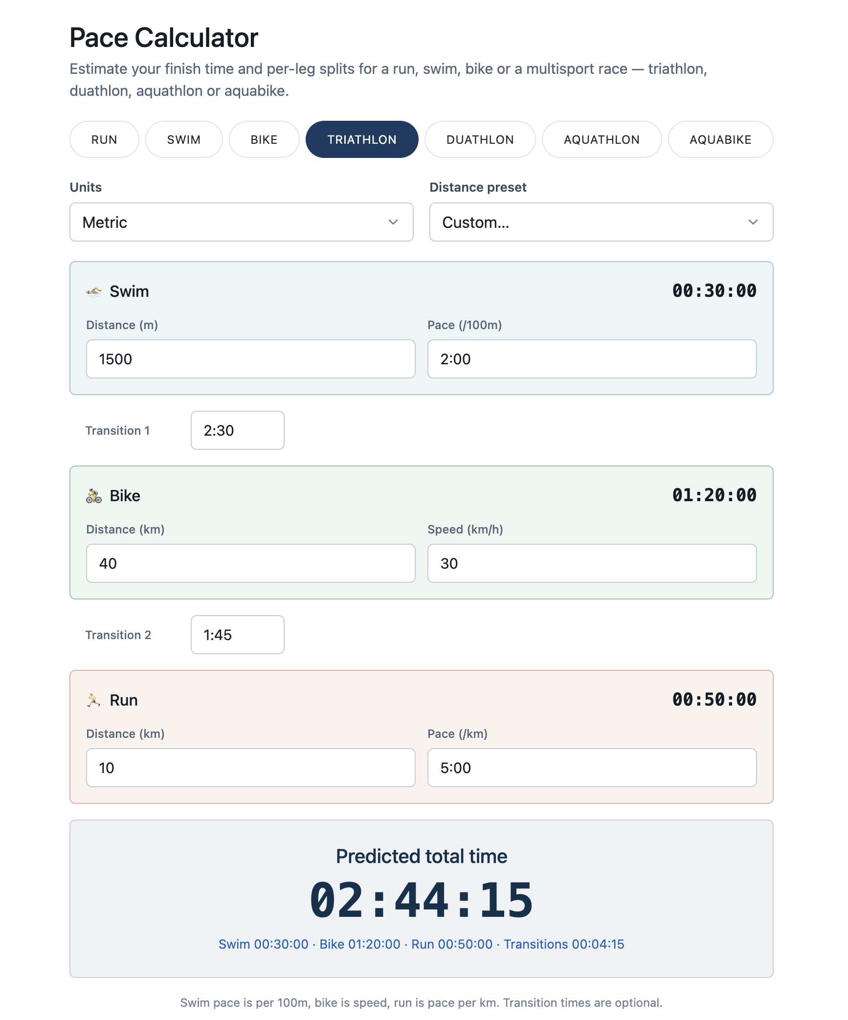 Pace Calculator in Triathlon mode