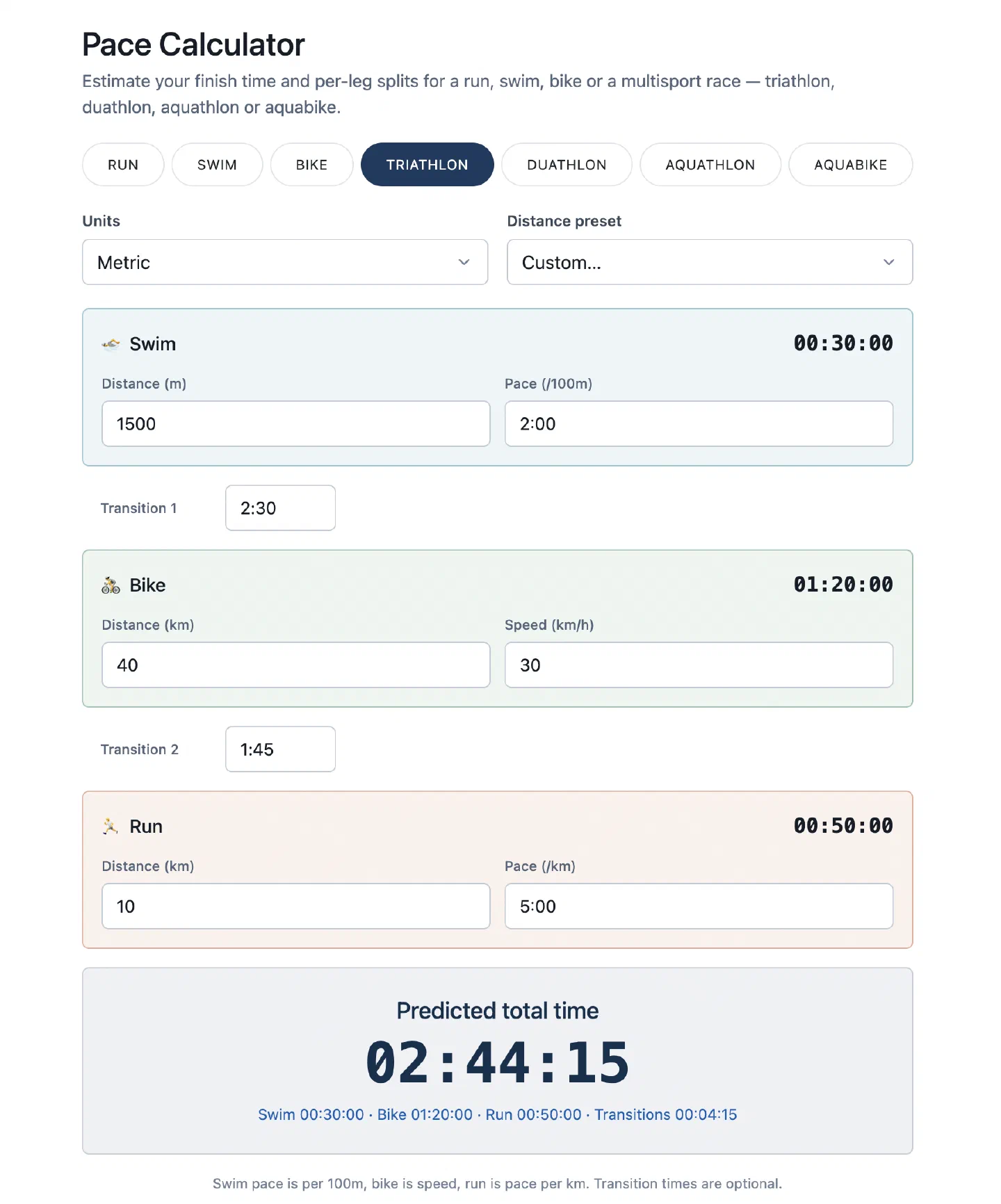 Pace Calculator in Triathlon mode