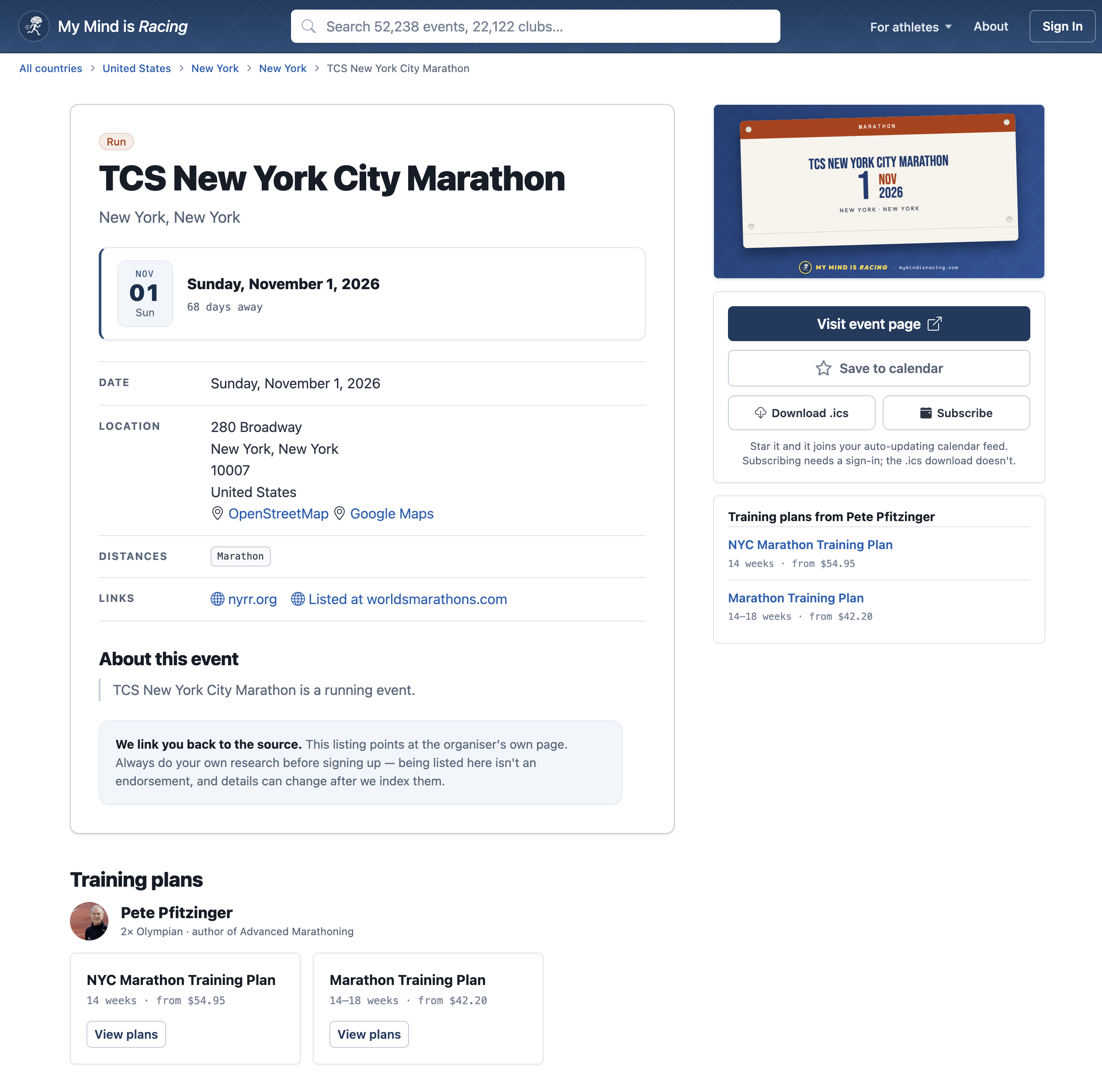 Pfitzinger’s NYC Marathon Training Plan surfaced alongside his general Marathon Training Plan on the TCS New York City Marathon event page