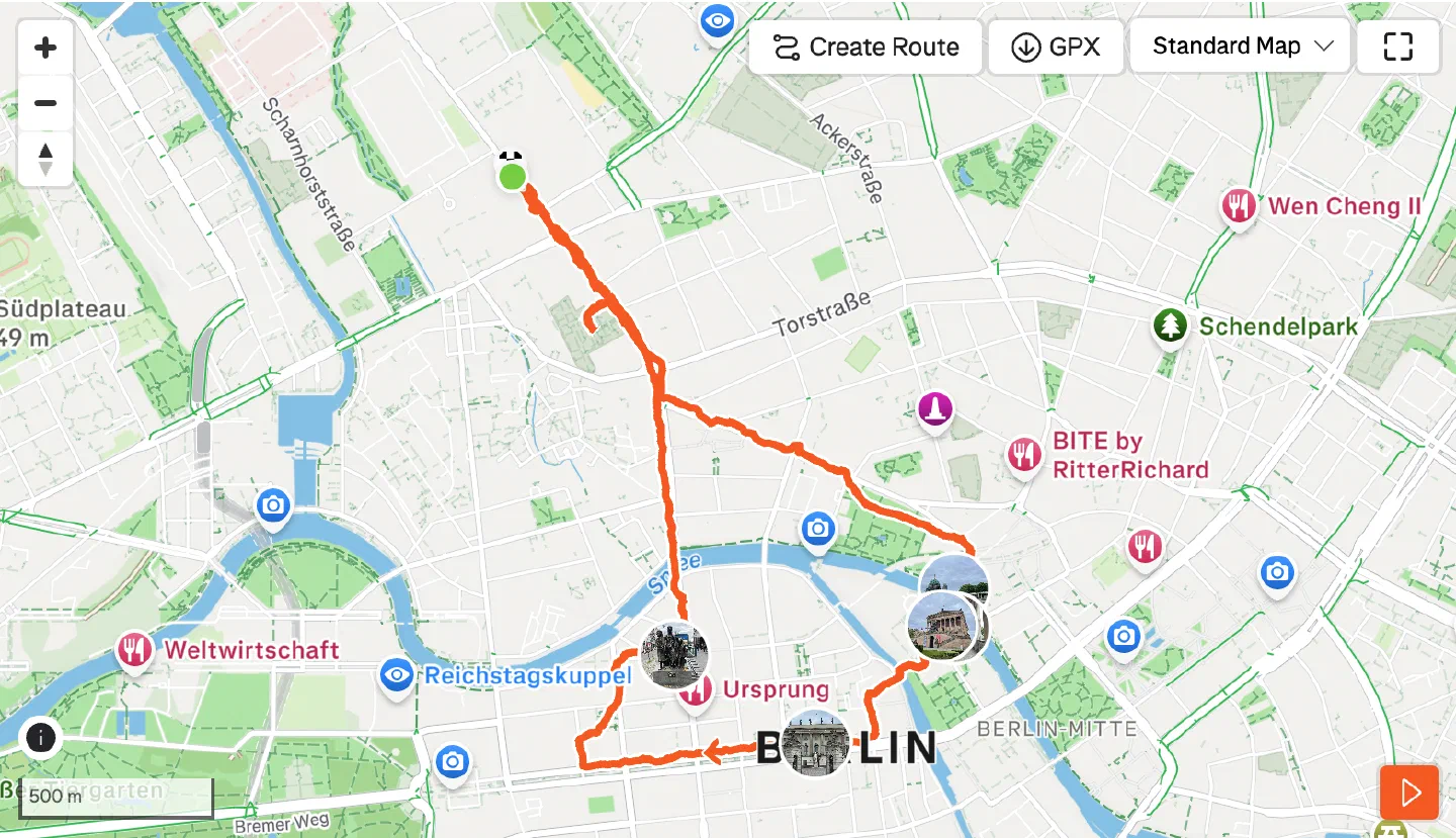 A map of a running route through central Berlin