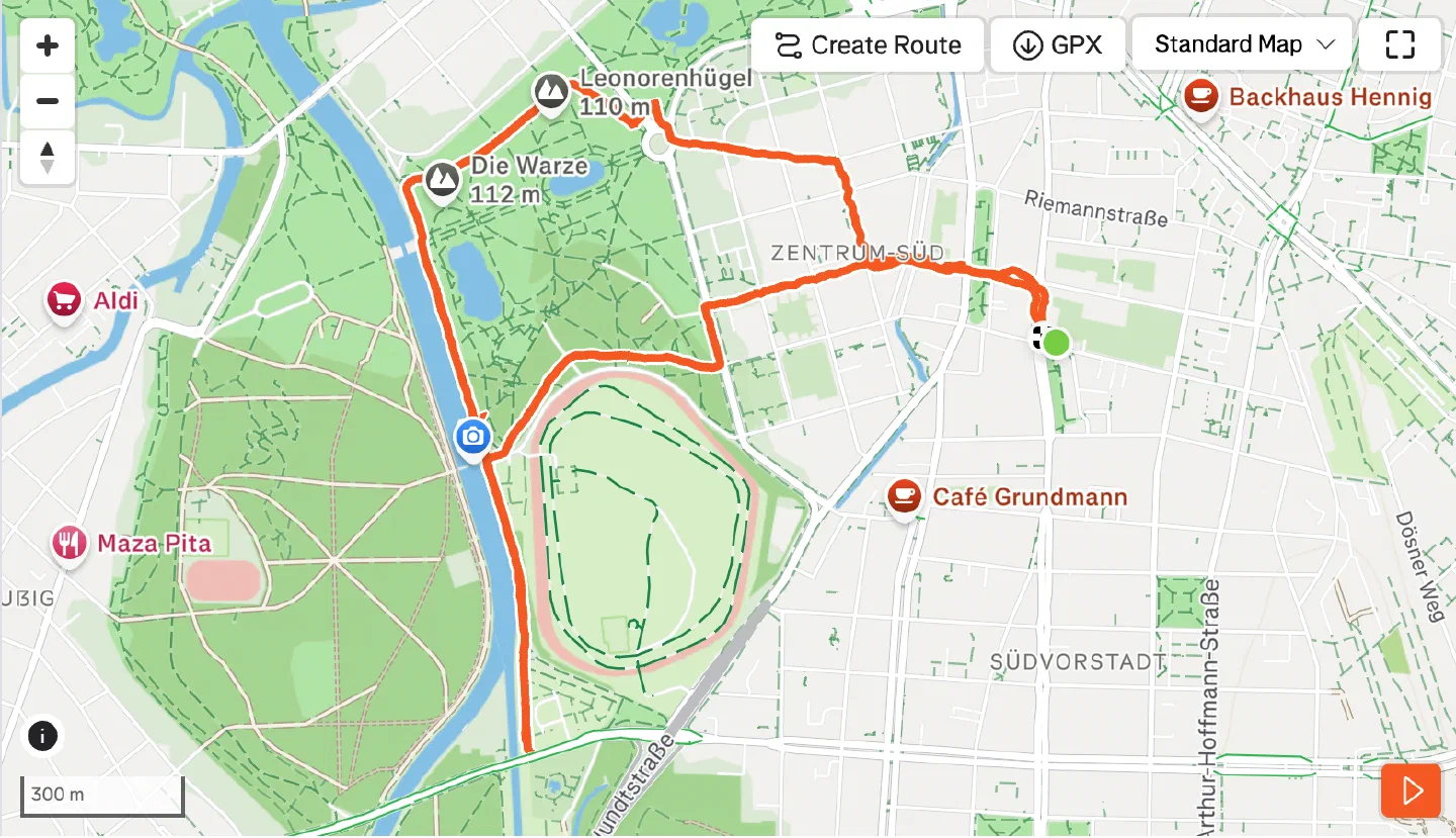 A map of a running route through Leipzig
