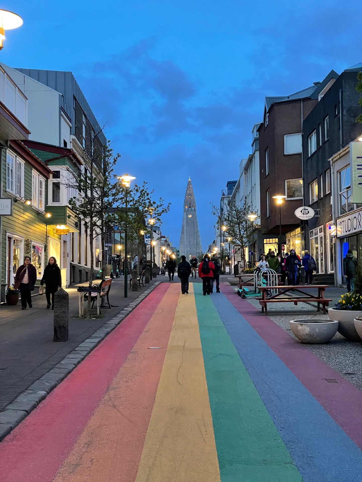 Reykjavík’s rainbow street looking toward Hallgrímskirkja