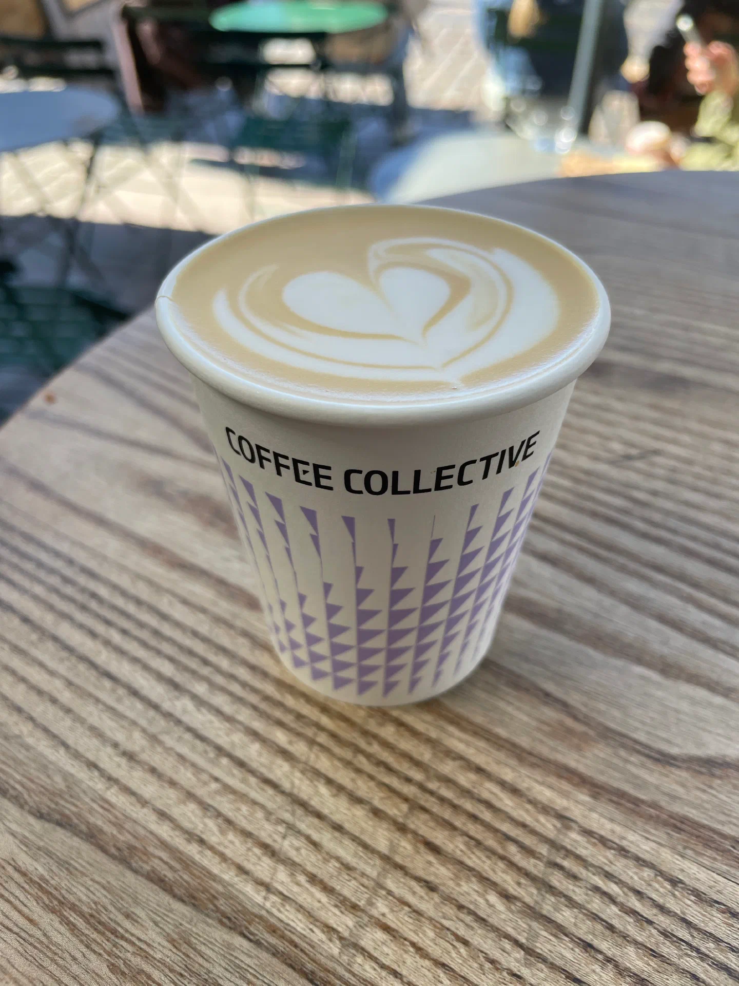 A latte in a Coffee Collective cup on a sunny café table