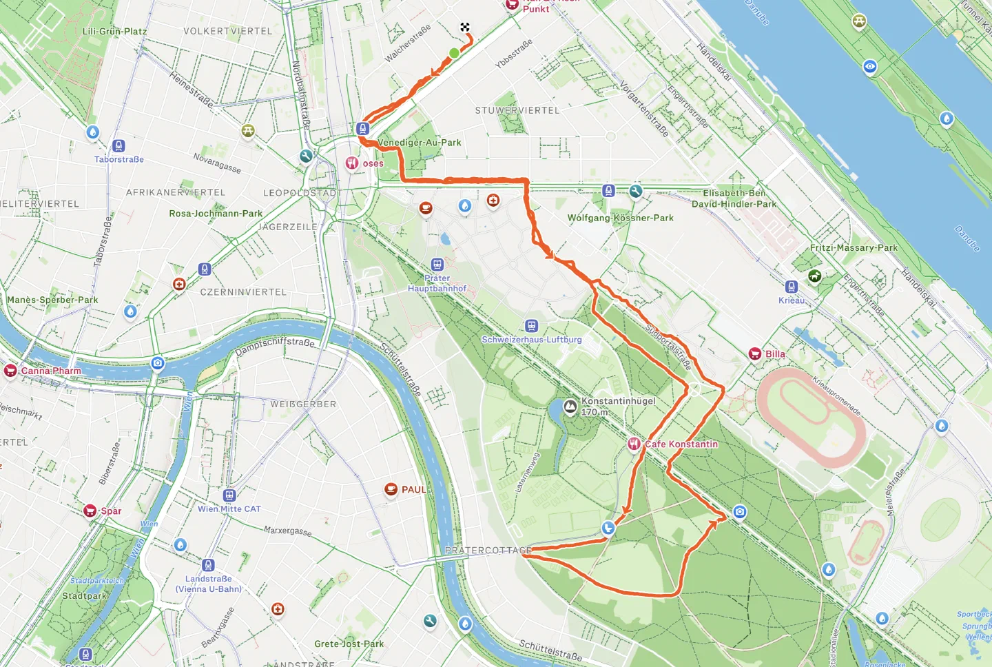 The Strava route map of the morning run through the Prater