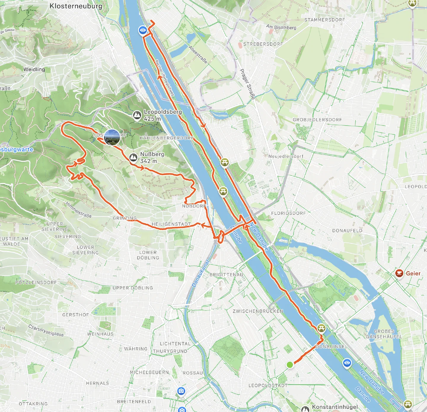 The Strava route map of the ride along the Danube and into the hills