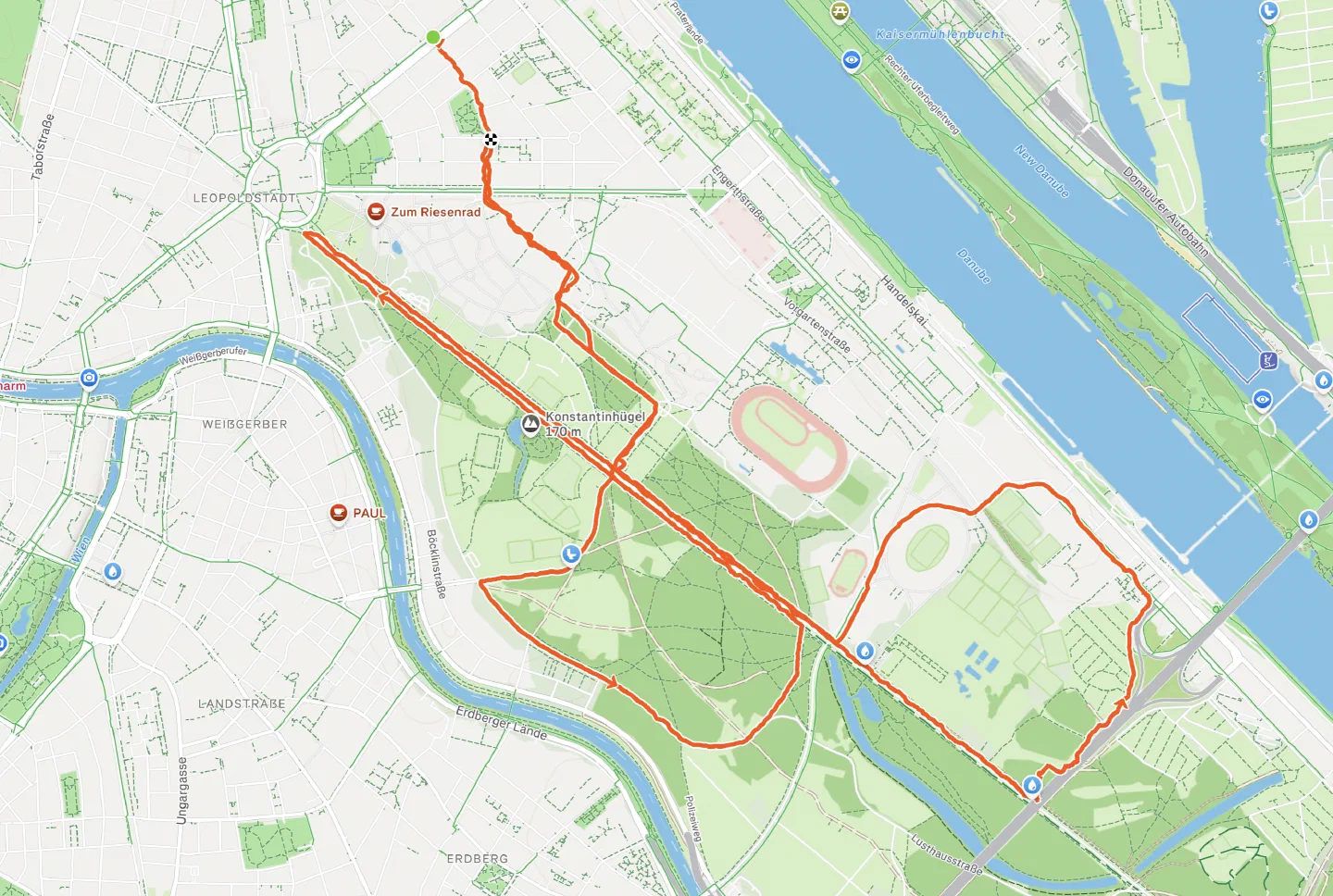 The Strava route map of the 14k run through the Prater